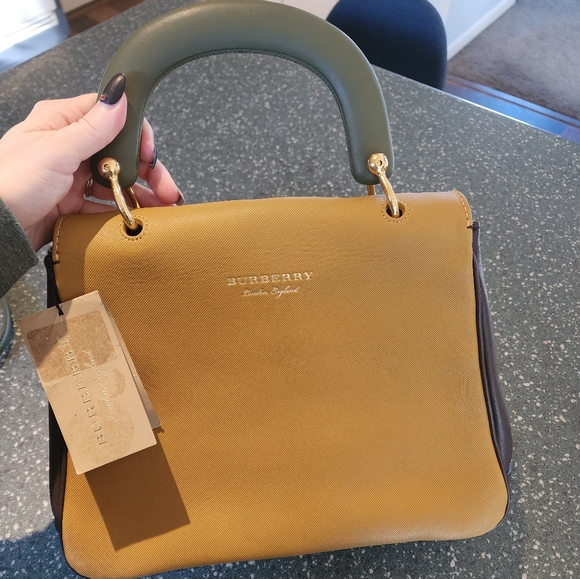 BURBERRY Leather Handle Tote Bag | Brown. Mustard & Olive NWT - Picture 3 of 5